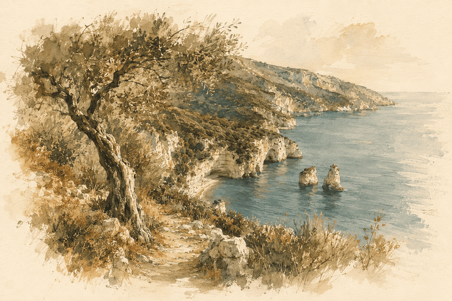 Aquarell der Gargano-Halbinsel an der Adriaküste Apuliens